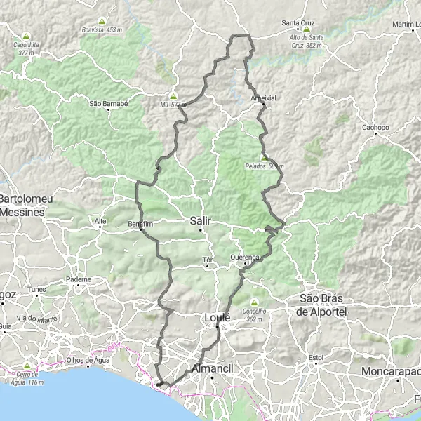 Miniatura do mapa de inspiração para ciclismo "Desafio Costeiro de Loulé a Altura" em Algarve, Portugal. Gerado pelo planejador de rotas de ciclismo Tarmacs.app