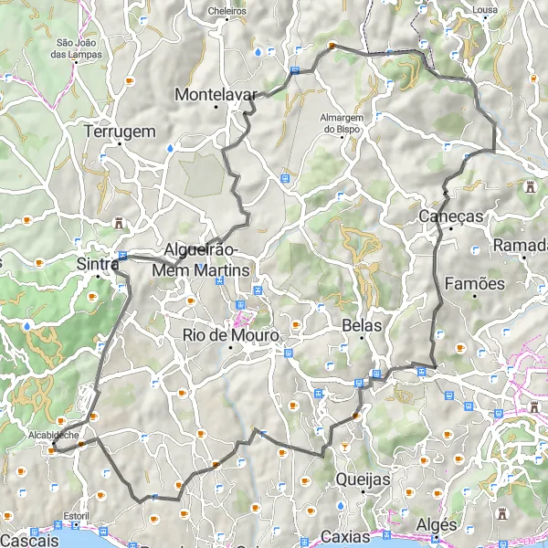 Map miniature of "Mysterious Hills Road Tour" cycling inspiration in Área Metropolitana de Lisboa, Portugal. Generated by Tarmacs.app cycling route planner