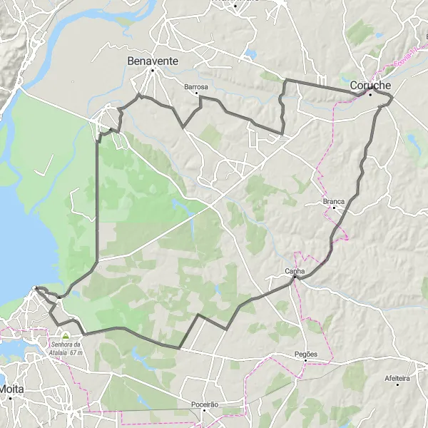 Map miniature of "Road Cycling Route from Alcochete to Pelourinho de Alcochete" cycling inspiration in Área Metropolitana de Lisboa, Portugal. Generated by Tarmacs.app cycling route planner