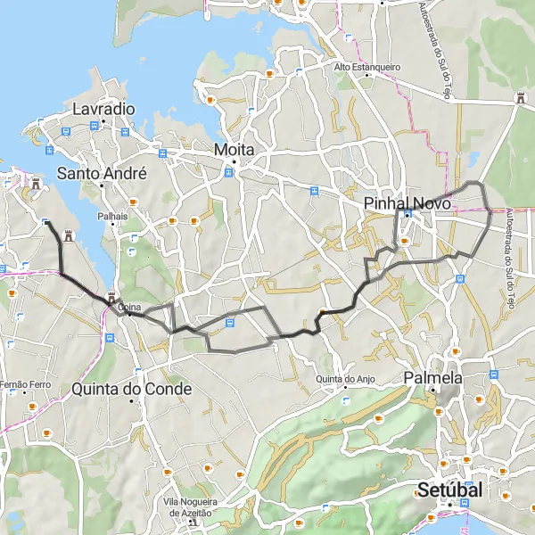 Map miniature of "Pinhal Novo Road Loop" cycling inspiration in Área Metropolitana de Lisboa, Portugal. Generated by Tarmacs.app cycling route planner