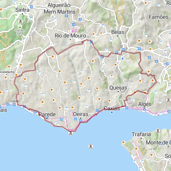 Map miniature of "Gravel Alfragide to Giribita Loop" cycling inspiration in Área Metropolitana de Lisboa, Portugal. Generated by Tarmacs.app cycling route planner