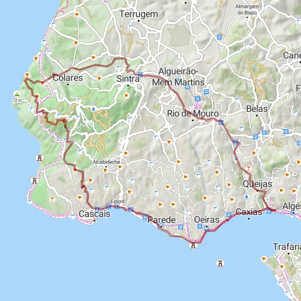 Map miniature of "Sintra and the Natural Amphitheater" cycling inspiration in Área Metropolitana de Lisboa, Portugal. Generated by Tarmacs.app cycling route planner