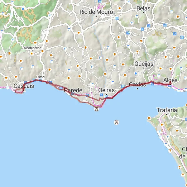 Miniatura do mapa de inspiração para ciclismo "Cruz Quebrada-Dafundo para Paço de Arcos via Cascais" em Área Metropolitana de Lisboa, Portugal. Gerado pelo planejador de rotas de ciclismo Tarmacs.app