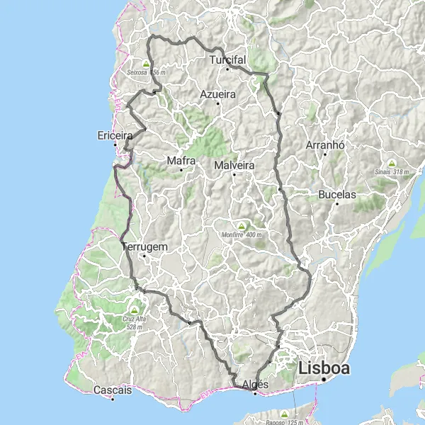 Miniatura do mapa de inspiração para ciclismo "Missão Sintra" em Área Metropolitana de Lisboa, Portugal. Gerado pelo planejador de rotas de ciclismo Tarmacs.app