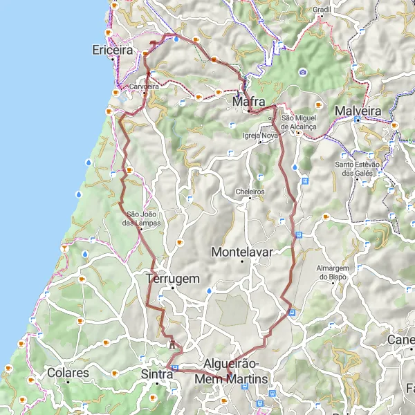 Miniatura do mapa de inspiração para ciclismo "Circuito das Colinas de Mafra" em Área Metropolitana de Lisboa, Portugal. Gerado pelo planejador de rotas de ciclismo Tarmacs.app