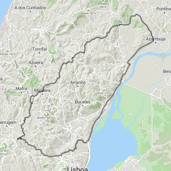 Miniatura do mapa de inspiração para ciclismo "Volta pela Sapataria" em Área Metropolitana de Lisboa, Portugal. Gerado pelo planejador de rotas de ciclismo Tarmacs.app