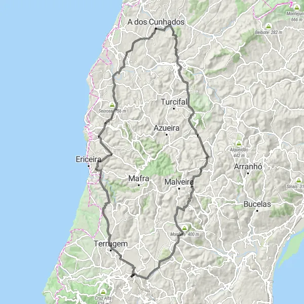Miniatura do mapa de inspiração para ciclismo "Circuito das Antigas Aldeias" em Área Metropolitana de Lisboa, Portugal. Gerado pelo planejador de rotas de ciclismo Tarmacs.app