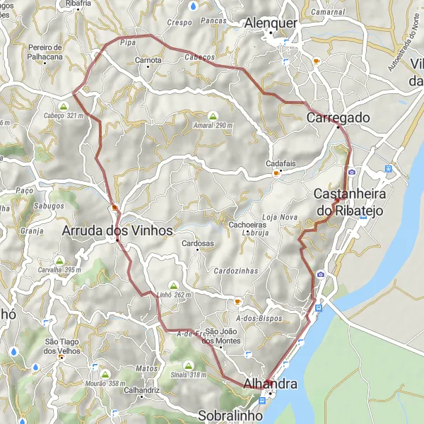 Miniatura do mapa de inspiração para ciclismo "Rota de Gravel por Arruda dos Vinhos e Cabreira" em Área Metropolitana de Lisboa, Portugal. Gerado pelo planejador de rotas de ciclismo Tarmacs.app