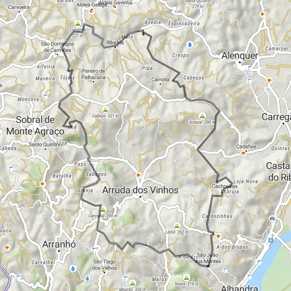 Miniatura do mapa de inspiração para ciclismo "Rota de Estrada por Amaral e Montija" em Área Metropolitana de Lisboa, Portugal. Gerado pelo planejador de rotas de ciclismo Tarmacs.app
