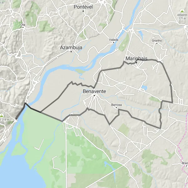 Miniatura do mapa de inspiração para ciclismo "Aventura até Vila Franca de Xira" em Área Metropolitana de Lisboa, Portugal. Gerado pelo planejador de rotas de ciclismo Tarmacs.app