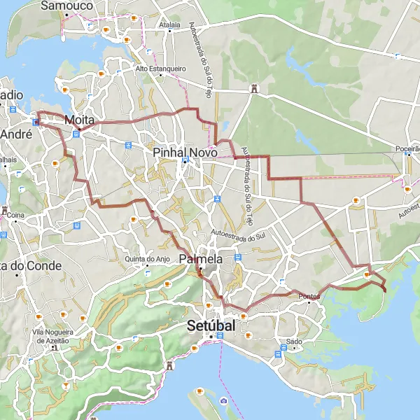 Miniatura do mapa de inspiração para ciclismo "Rota de Ciclismo em Gravel até Pelourinho de Alhos Vedros" em Área Metropolitana de Lisboa, Portugal. Gerado pelo planejador de rotas de ciclismo Tarmacs.app