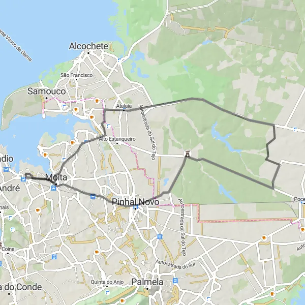 Map miniature of "Alhos Vedros - Palácio de Rio Frio Road Ride" cycling inspiration in Área Metropolitana de Lisboa, Portugal. Generated by Tarmacs.app cycling route planner