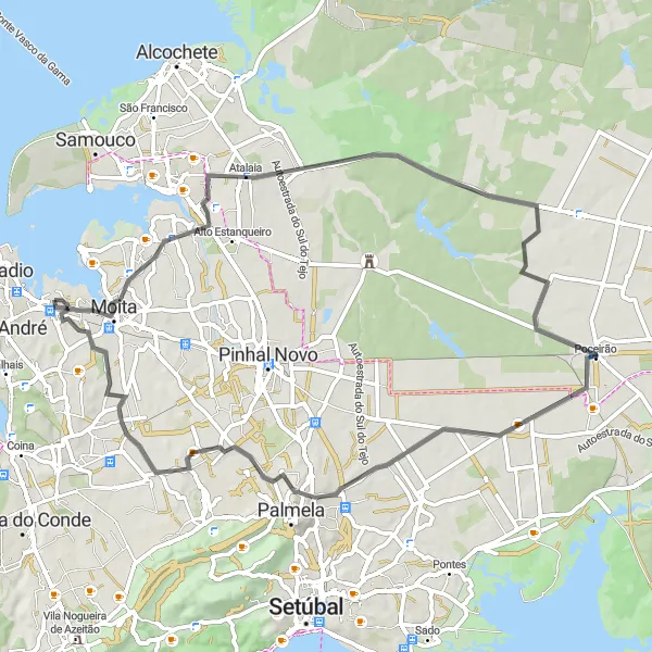 Map miniature of "Road to Palmela" cycling inspiration in Área Metropolitana de Lisboa, Portugal. Generated by Tarmacs.app cycling route planner