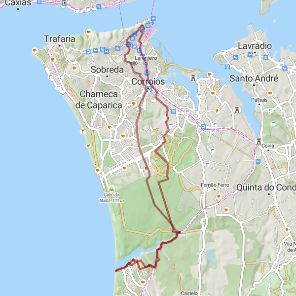 Miniatura do mapa de inspiração para ciclismo "Rota de ciclismo gravel por Almada e arredores" em Área Metropolitana de Lisboa, Portugal. Gerado pelo planejador de rotas de ciclismo Tarmacs.app