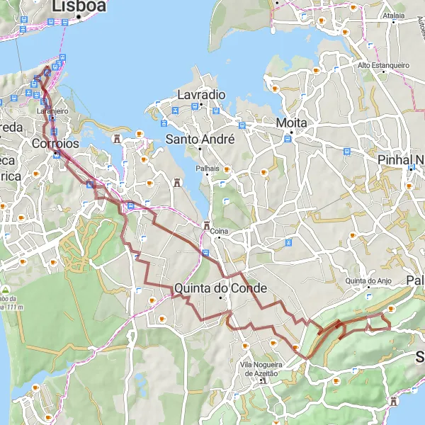 Miniatura do mapa de inspiração para ciclismo "Rota de ciclismo gravel por Almada e redondezas" em Área Metropolitana de Lisboa, Portugal. Gerado pelo planejador de rotas de ciclismo Tarmacs.app