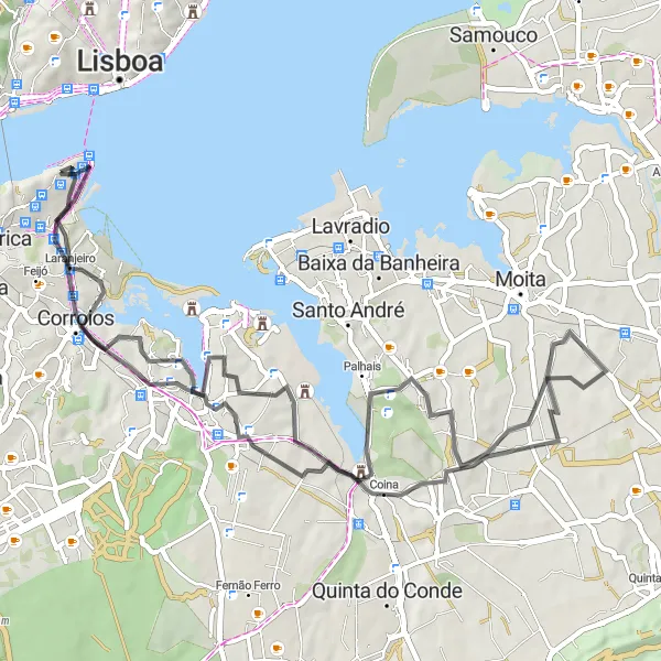 Miniatura do mapa de inspiração para ciclismo "Rota dos Miradouros do Tejo" em Área Metropolitana de Lisboa, Portugal. Gerado pelo planejador de rotas de ciclismo Tarmacs.app