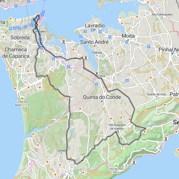 Miniatura do mapa de inspiração para ciclismo "Rota de ciclismo de estrada pela região de Almada" em Área Metropolitana de Lisboa, Portugal. Gerado pelo planejador de rotas de ciclismo Tarmacs.app