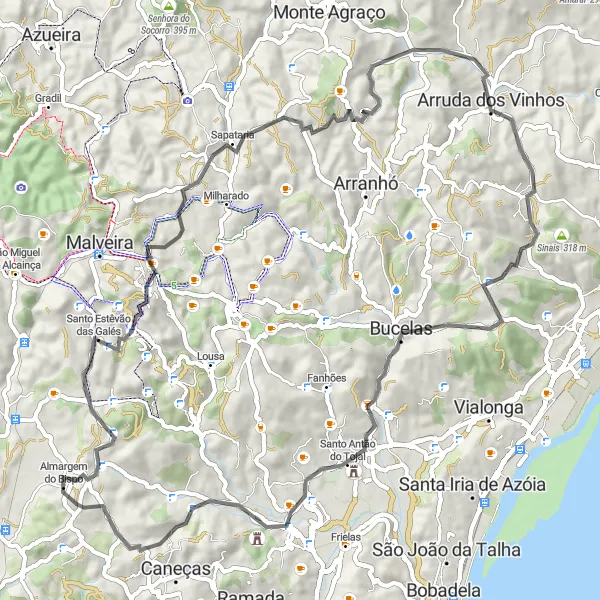 Miniatura do mapa de inspiração para ciclismo "Jornada Panorâmica pelos Vinhedos" em Área Metropolitana de Lisboa, Portugal. Gerado pelo planejador de rotas de ciclismo Tarmacs.app