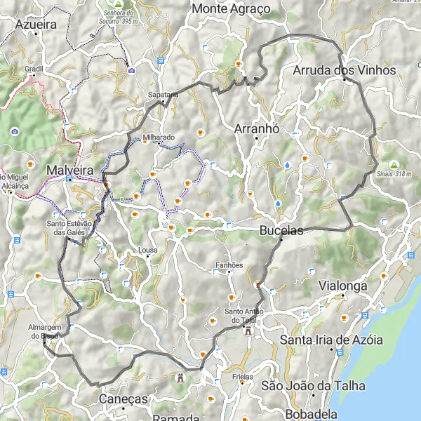 Map miniature of "Rolling Hills and Tranquil Villages" cycling inspiration in Área Metropolitana de Lisboa, Portugal. Generated by Tarmacs.app cycling route planner