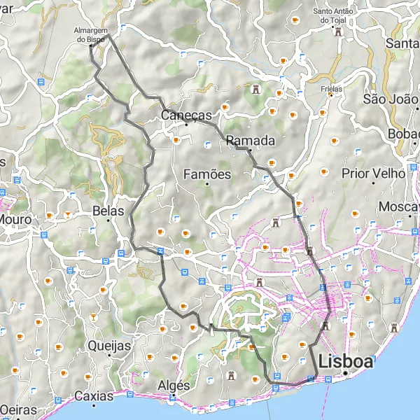 Miniatura do mapa de inspiração para ciclismo "Rota de Ciclismo Almargem" em Área Metropolitana de Lisboa, Portugal. Gerado pelo planejador de rotas de ciclismo Tarmacs.app