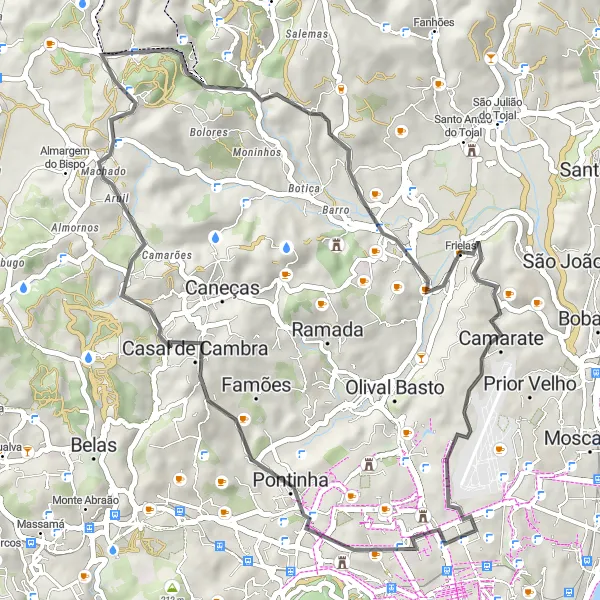 Map miniature of "Benfica to Camarate Loop" cycling inspiration in Área Metropolitana de Lisboa, Portugal. Generated by Tarmacs.app cycling route planner