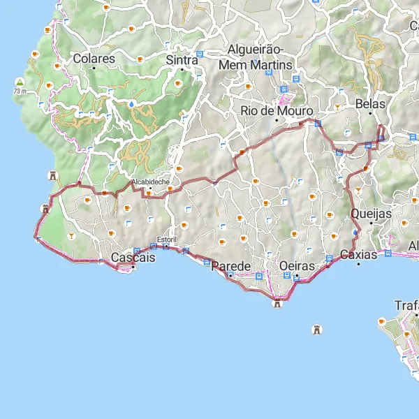 Map miniature of "Coastal Gravel Escape" cycling inspiration in Área Metropolitana de Lisboa, Portugal. Generated by Tarmacs.app cycling route planner