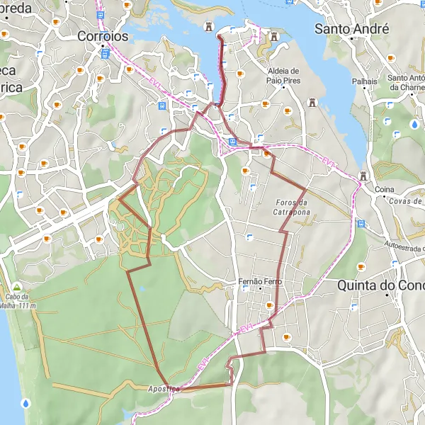Map miniature of "Gravel adventure in Amora and surroundings" cycling inspiration in Área Metropolitana de Lisboa, Portugal. Generated by Tarmacs.app cycling route planner