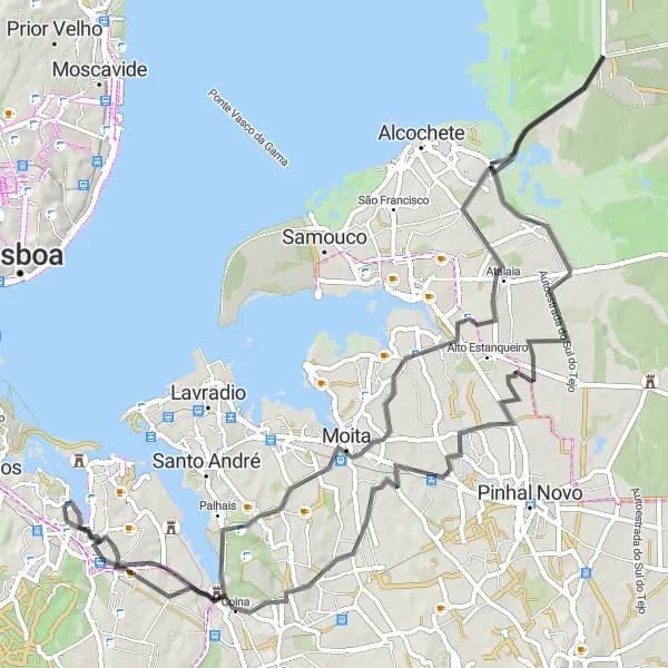 Map miniature of "Amora to Coina Loop" cycling inspiration in Área Metropolitana de Lisboa, Portugal. Generated by Tarmacs.app cycling route planner