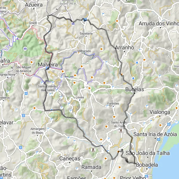Miniatura do mapa de inspiração para ciclismo "Rota pelas Aldeias de Loures" em Área Metropolitana de Lisboa, Portugal. Gerado pelo planejador de rotas de ciclismo Tarmacs.app