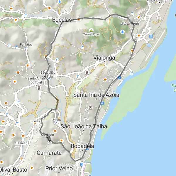 Miniatura do mapa de inspiração para ciclismo "Caminho pela História de Sacavém" em Área Metropolitana de Lisboa, Portugal. Gerado pelo planejador de rotas de ciclismo Tarmacs.app