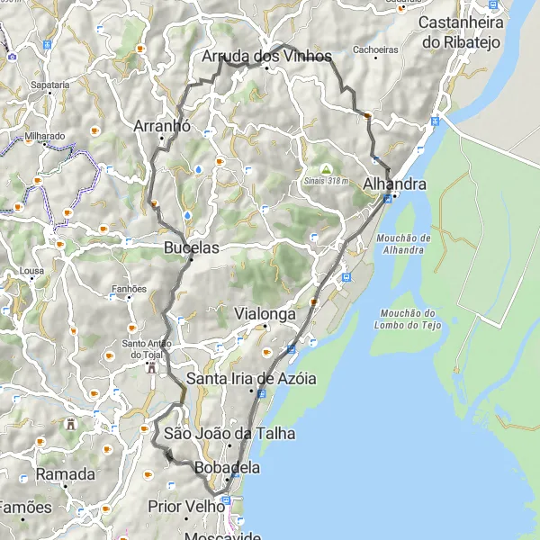 Miniatura do mapa de inspiração para ciclismo "Rota dos Vinhedos de Bucelas" em Área Metropolitana de Lisboa, Portugal. Gerado pelo planejador de rotas de ciclismo Tarmacs.app
