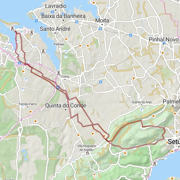 Map miniature of "Nature's Beauty in the Seixal Region" cycling inspiration in Área Metropolitana de Lisboa, Portugal. Generated by Tarmacs.app cycling route planner