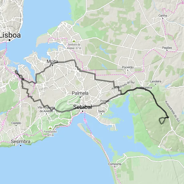 Map miniature of "Amora to Brejos de Azeitão" cycling inspiration in Área Metropolitana de Lisboa, Portugal. Generated by Tarmacs.app cycling route planner