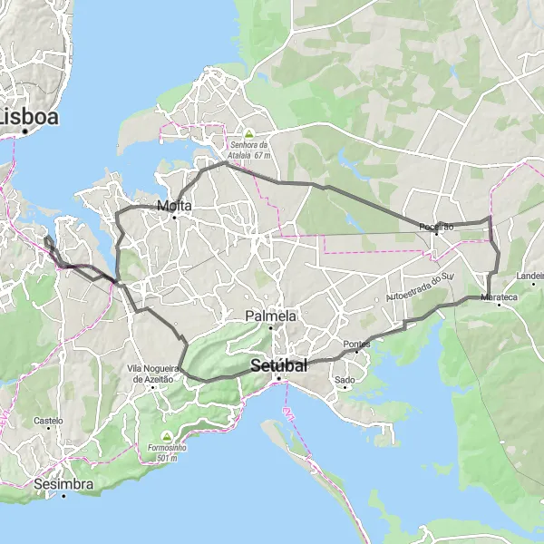 Map miniature of "Arrentela Vineyards and Countryside" cycling inspiration in Área Metropolitana de Lisboa, Portugal. Generated by Tarmacs.app cycling route planner