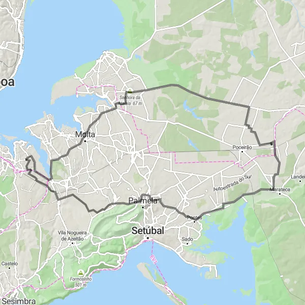 Map miniature of "Palmela and Quinta do Conde Explorer" cycling inspiration in Área Metropolitana de Lisboa, Portugal. Generated by Tarmacs.app cycling route planner