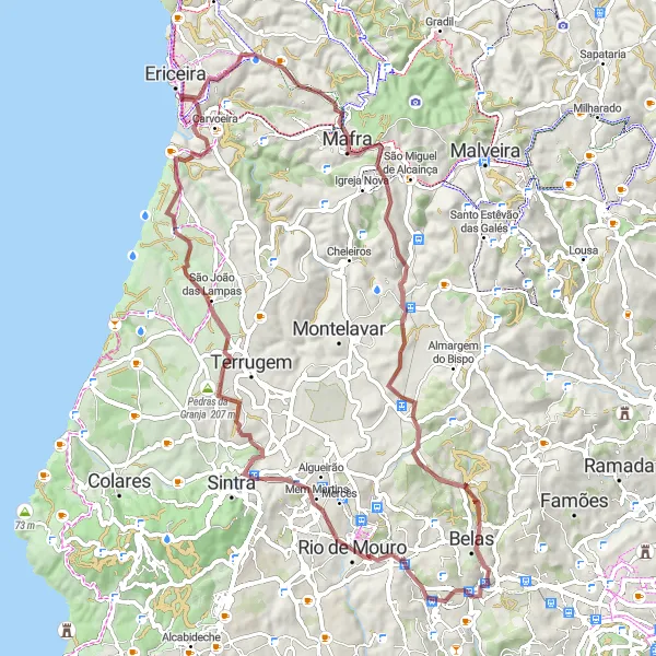Miniatura do mapa de inspiração para ciclismo "Aventura Gravel pelos Bosques de Belas" em Área Metropolitana de Lisboa, Portugal. Gerado pelo planejador de rotas de ciclismo Tarmacs.app
