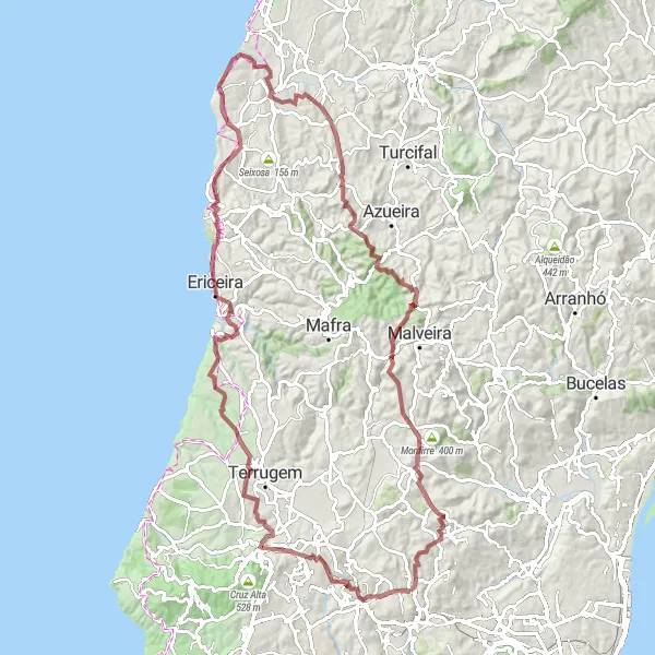 Miniatura do mapa de inspiração para ciclismo "Desafiante Rota de Gravel por Belas" em Área Metropolitana de Lisboa, Portugal. Gerado pelo planejador de rotas de ciclismo Tarmacs.app