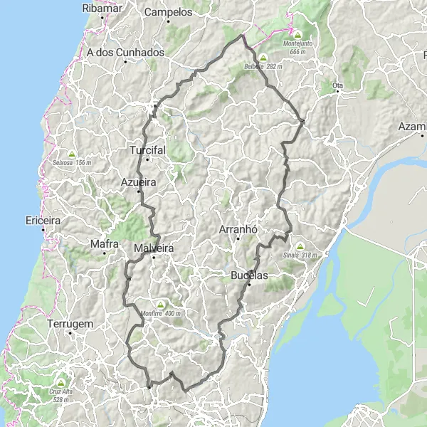 Miniatura do mapa de inspiração para ciclismo "Desafio Road até Bucelas" em Área Metropolitana de Lisboa, Portugal. Gerado pelo planejador de rotas de ciclismo Tarmacs.app