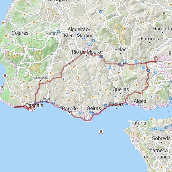 Map miniature of "Gravel Adventure: Benfica to Cascais" cycling inspiration in Área Metropolitana de Lisboa, Portugal. Generated by Tarmacs.app cycling route planner