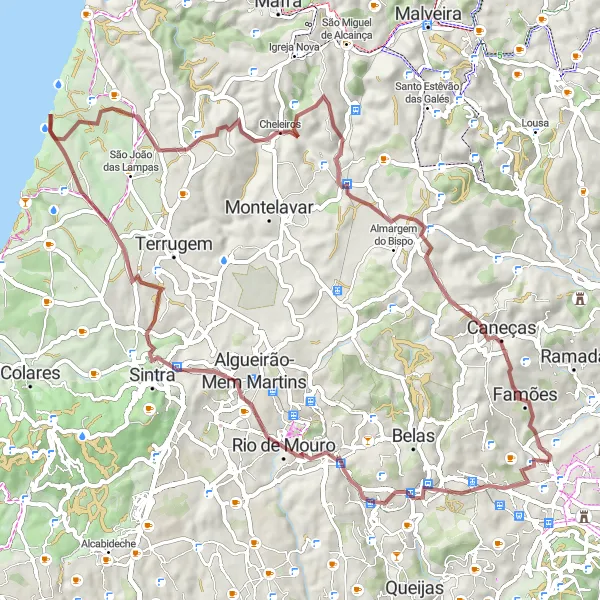 Map miniature of "The Gravel Adventure" cycling inspiration in Área Metropolitana de Lisboa, Portugal. Generated by Tarmacs.app cycling route planner