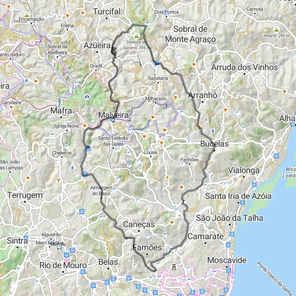 Miniatura do mapa de inspiração para ciclismo "Circuito pela natureza de Benfica" em Área Metropolitana de Lisboa, Portugal. Gerado pelo planejador de rotas de ciclismo Tarmacs.app