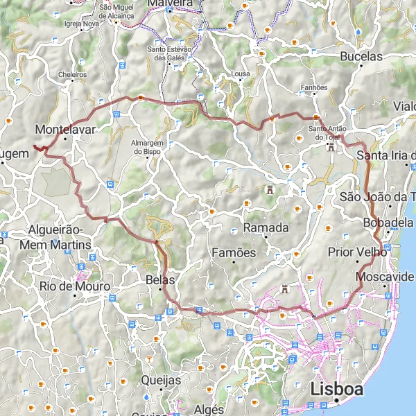 Miniatura do mapa de inspiração para ciclismo "Travessia da Região Oeste" em Área Metropolitana de Lisboa, Portugal. Gerado pelo planejador de rotas de ciclismo Tarmacs.app