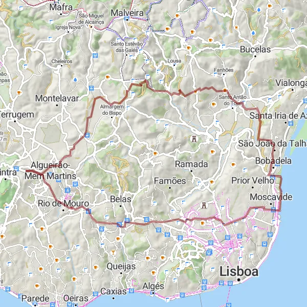 Miniatura do mapa de inspiração para ciclismo "Caminho do Palácio Pimenta" em Área Metropolitana de Lisboa, Portugal. Gerado pelo planejador de rotas de ciclismo Tarmacs.app