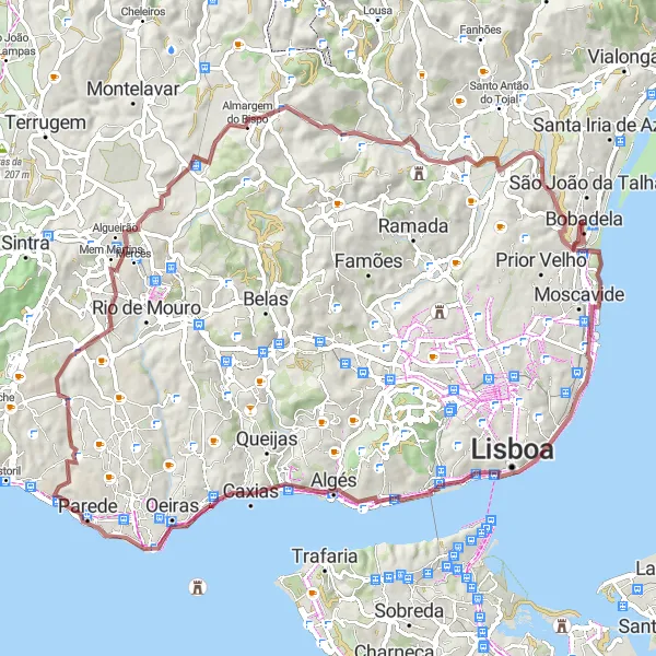 Miniatura do mapa de inspiração para ciclismo "Exploração da Costa e Campos Verdes" em Área Metropolitana de Lisboa, Portugal. Gerado pelo planejador de rotas de ciclismo Tarmacs.app