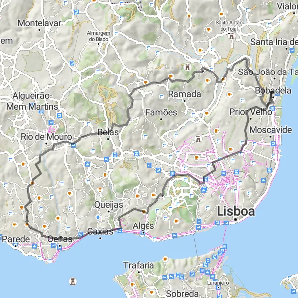 Miniatura do mapa de inspiração para ciclismo "Travessia do Oeste de Lisboa" em Área Metropolitana de Lisboa, Portugal. Gerado pelo planejador de rotas de ciclismo Tarmacs.app