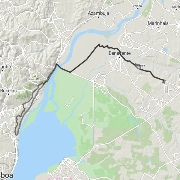 Miniatura do mapa de inspiração para ciclismo "Passeio pela Margem do Tejo" em Área Metropolitana de Lisboa, Portugal. Gerado pelo planejador de rotas de ciclismo Tarmacs.app