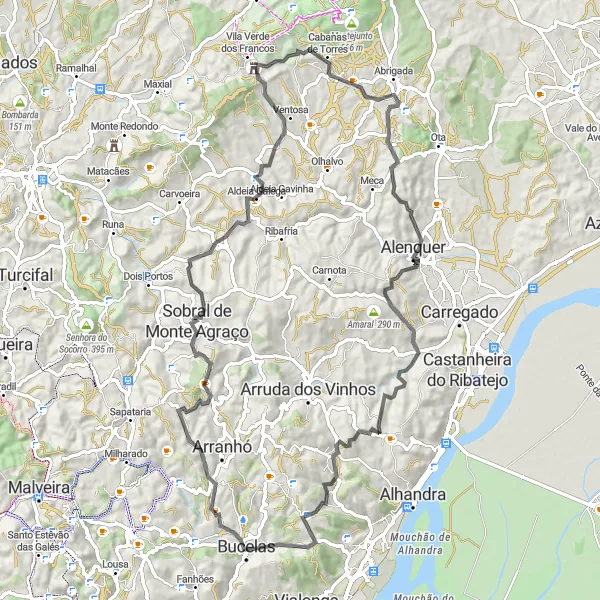 Miniatura do mapa de inspiração para ciclismo "Rota de Alenquer e Torres Vedras" em Área Metropolitana de Lisboa, Portugal. Gerado pelo planejador de rotas de ciclismo Tarmacs.app