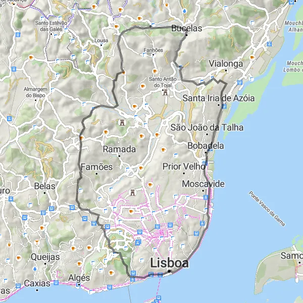 Map miniature of "Scenic Road Cycling Around Bucelas" cycling inspiration in Área Metropolitana de Lisboa, Portugal. Generated by Tarmacs.app cycling route planner