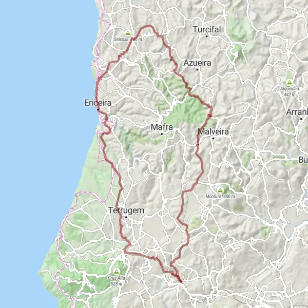 Miniatura do mapa de inspiração para ciclismo "Rota de Gravel da Costa Oeste" em Área Metropolitana de Lisboa, Portugal. Gerado pelo planejador de rotas de ciclismo Tarmacs.app