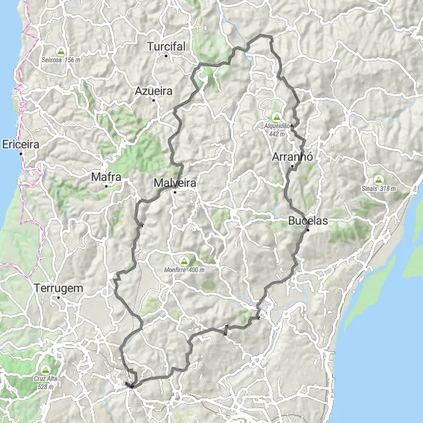 Miniatura do mapa de inspiração para ciclismo "Desafio de Estrada até Loures" em Área Metropolitana de Lisboa, Portugal. Gerado pelo planejador de rotas de ciclismo Tarmacs.app
